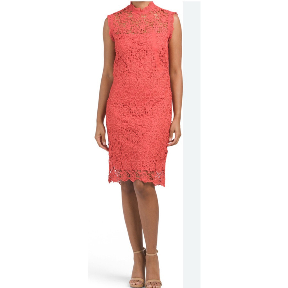 Nannette Lepore Fanciful mock neck Dress Sleeveless Lace pink coral side 10